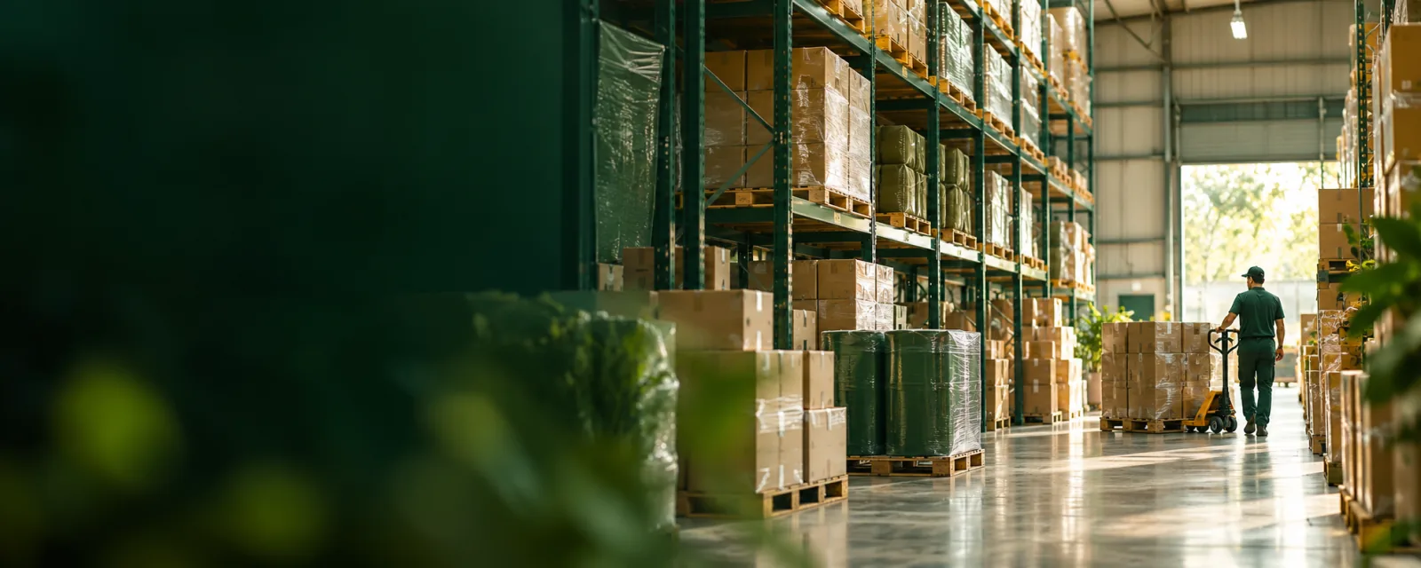 A bright distribution warehouse with stocked shelves and a worker moving cargo